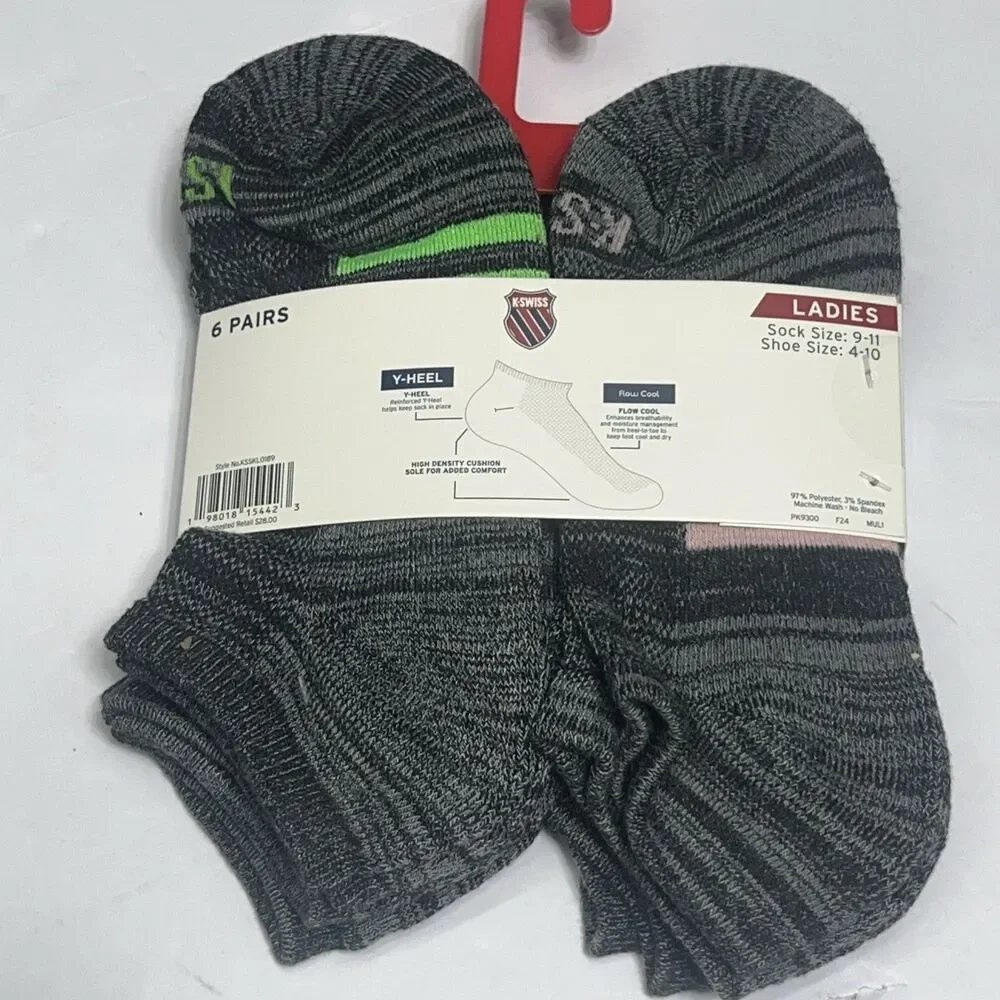 Women’s K Swiss No Show socks flow cool Cushioned Socks 6 pair Shoe‎ Size 4-10
